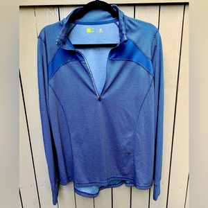 This is a lightweight blue striped athletic wear sweater.